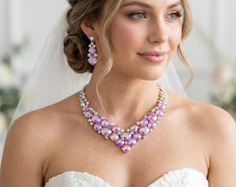 AB Rhinestones Necklace and Earrings Set shimmering color changing Crystal /17876