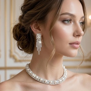 May include: A silver-toned necklace and matching drop earrings set featuring white pearls and clear crystals. The necklace is a choker style with alternating pearls and crystals, while the earrings have a pearl stud with a crystal fringe.