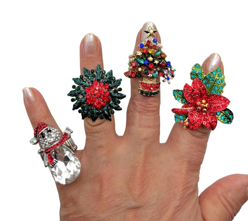 Christmas Rhinestone Rings, Adjustable Holiday Jewelry /4 Options Etsy