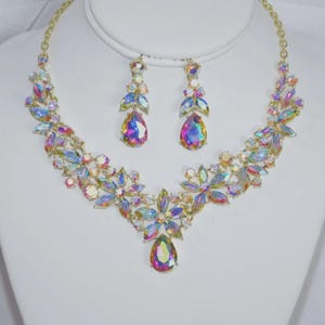 AB Rhinestones Necklace and Earrings Set iridescent color changing Crystal /18936