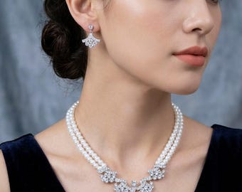 Bridal Necklace and Earrings Set Crystal ,Pearl and Rhinestones /14902