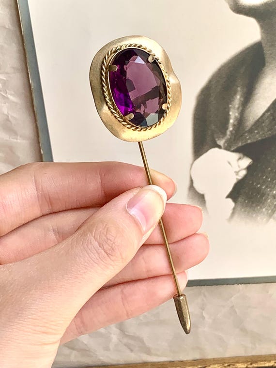 Antique Victorian Purple Glass Brass Stick Pin