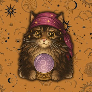 神秘的なメインクーンの占い師猫（PNG、SVG）は、水晶玉とヘッドスカーフをあしらっています。魔法使いや魔女のような雰囲気にぴったりです。透明な背景もご利用いただけます。