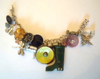 Gardener Charm Bracelet Sterling Silver Butterflies Dragonflies Watering Can Green Thumb