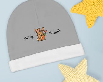Monty Rabbit Baby Beanie, Polyester Infant Hat, Baby Shower Gift