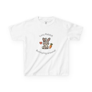 Kids Tee, Cute Lucy Rabbit &#39;Bunnying around!&#39; Graphic Tee for Children, Bunny T-Shirt, Kids Rabbit Top, Children&#39;s Clothing