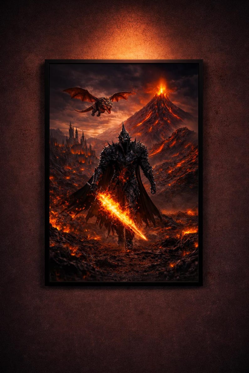 Sauron Poster Lord of the Rings Wall Art, Mordor Volcano Fantasy Print ...