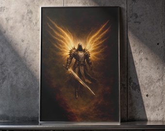 Tyrael Poster, Diablo Archangel Wall Art, El'Druin, Diablo Art Print, Golden Dark Fantasy Decor, Gaming Artwork, Gift for Him, Gift for Her