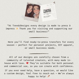 Welcome to TrendzDesigns shop - About our ready-to-press DTF transfers for personal and commercial use by Viviana and Bella