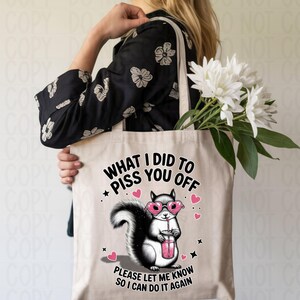 Beige canvas tote bag with sassy squirrel design, funny attitude bag accessory