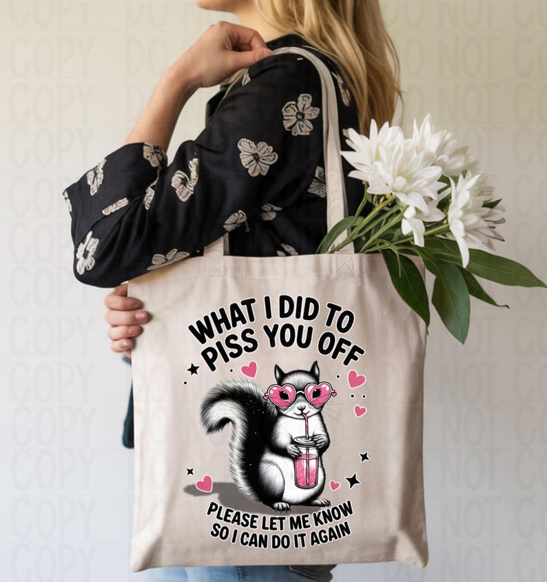 Beige canvas tote bag with sassy squirrel design, funny attitude bag accessory