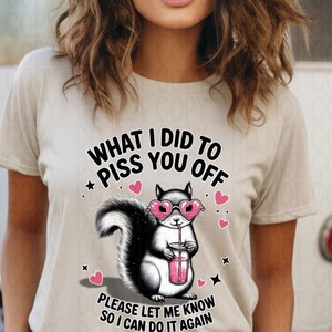 White t-shirt with bold sassy squirrel design pink hearts and sunglasses, funny gift shirt
