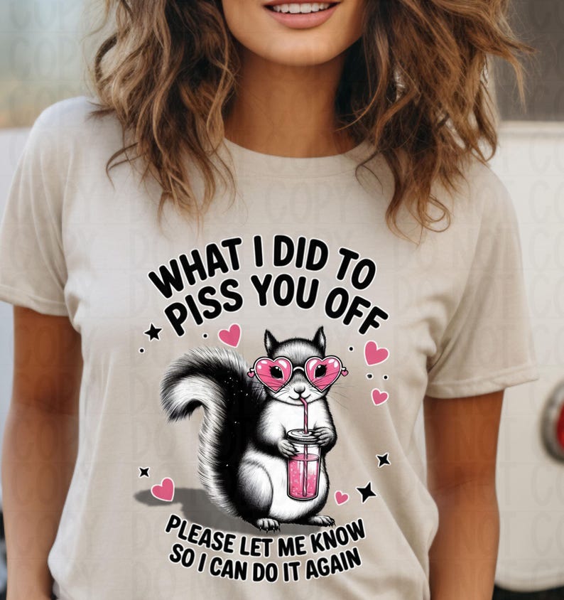 White t-shirt with bold sassy squirrel design pink hearts and sunglasses, funny gift shirt