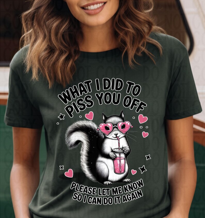 Close-up of sassy squirrel DTF transfer with sage heart sunglasses and bold text, funny attitude design