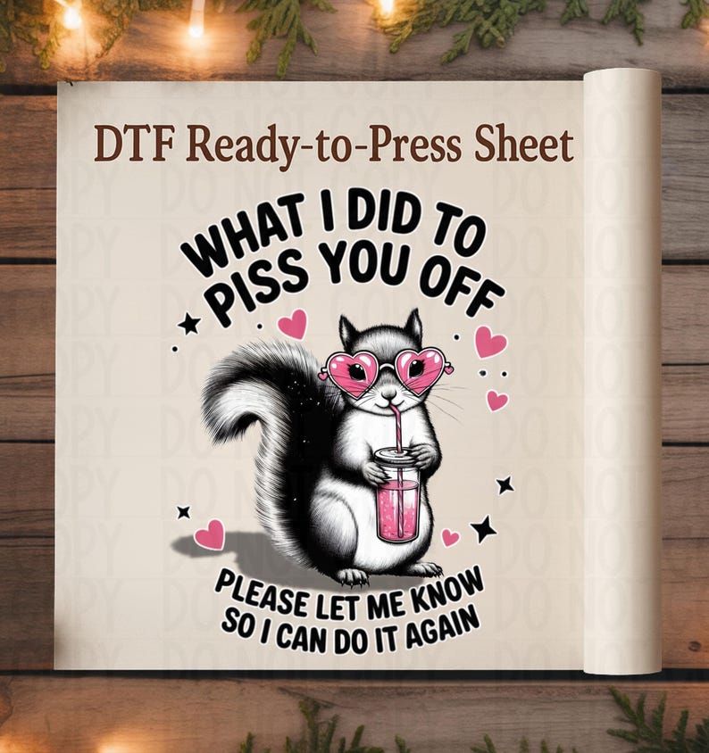 Sassy squirrel DTF transfer sheet ready to press with funny text, Valentine's attitude design