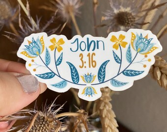 Johannes 3:16 Schriftaufkleber - Blau & Senfblumen, christlicher Glaubensaufkleber, inspirierender Bibelversaufkleber