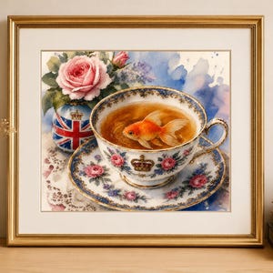 Puede incluir: Una impresión en acuarela enmarcada que presenta una taza de té con un pez dorado nadando en té. La taza y el platillo están decorados con motivos florales y de corona. Un jarrón con un diseño de la Union Jack y un ramo de rosas rosas están en el fondo.