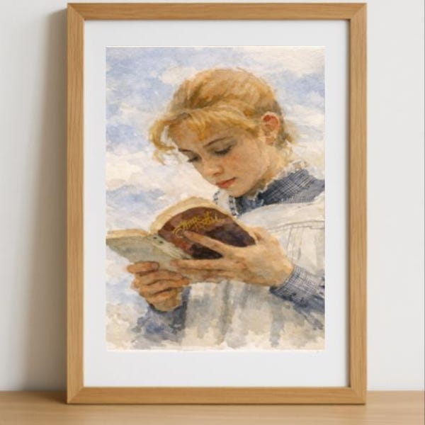 Rustig moment groene gevels aquarel print – Anne Shirley Reading boek literaire kunst klassieke boek illustratie boekenliefhebber cadeau neus in een boek