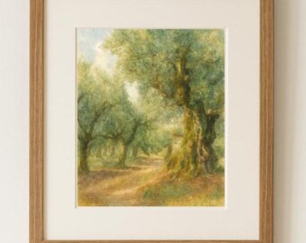 Olival da Paz — Impressão de Paisagem em Aquarela Suave | Arte de Parede Mediterrânea | Pintura Rústica da Natureza