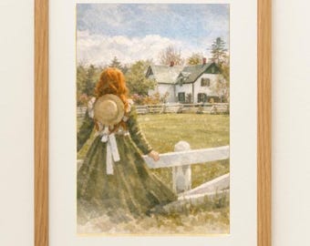 Green Gables Reflections Watercolor Art | Anne of Green Gables Literary Wall Art Classic Book Illustration Whimsical Redhead Orphan