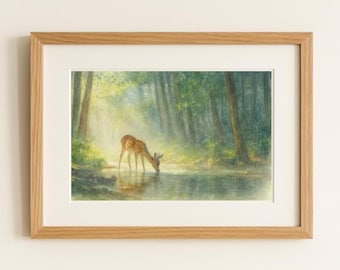 魅惑的な森のイラスト、森の小川のアート、野生動物の絵 - Etsy 日本
