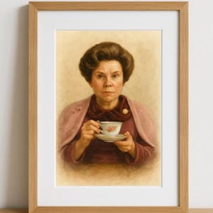 Pode incluir: Retrato emoldurado de uma mulher segurando uma xícara e um pires de chá. A mulher está vestindo um vestido bordô, um xale rosa e um broche de ouro. A xícara e o pires têm um desenho floral. A obra de arte está em uma moldura de madeira.