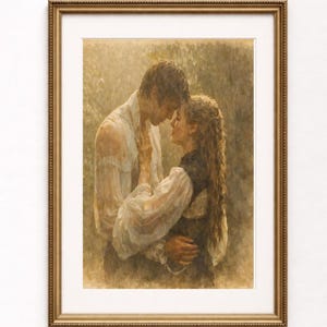 Könnte beinhalten: Ein gerahmter Druck eines romantischen Gemäldes. Das Kunstwerk zeigt einen Mann und eine Frau, die sich umarmen, ihre Gesichter nah beieinander. Der Mann trägt ein weißes Hemd, und die Frau hat lange Haare. Der Rahmen ist goldfarben mit einem strukturierten Rand.
