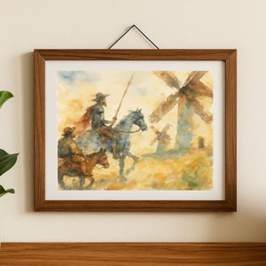 Stampa ad acquerello di Don Chisciotte – Combattimento contro i mulini a vento / Arte murale letteraria, stampa di libri classici, regalo per lettori, arredamento per biblioteca
