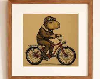 Capibara aviador en bicicleta: Impresión artística de un animal caprichoso, ilustración de estilo vintage, ciclista retro peculiar