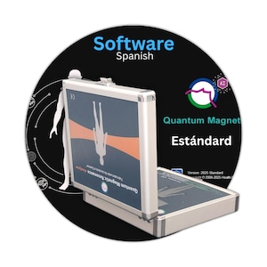 May include: A silver briefcase-style device with a blue and orange graphic of a person. The text "Quantum Magnet Estándar" is visible, along with the words "Software Spanish". The device is set against a black background with a white outline of a person.