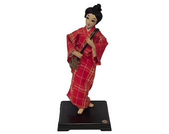 Vintage Okinawan Doll, Red Kasuri Kimono, Ryukyu Craftsmanship, Japanese Art Collectible