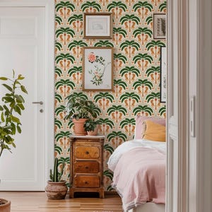 Art Deco Leopard and Palm Tree Wallpaper, Vintage Tropical Art Mural, Green and Orange Bohemian Accent, Removable Peel & Stick Contact Paper