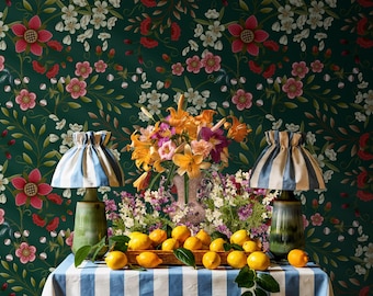Bold Emerald Green Floral Wallpaper, Maximalist Vintage Flower Mural, Moody Botanical Accent Wall, Removable Peel & Stick Contact Paper