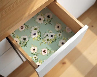 Cottagecore Contact Paper For Furniture, Drawer, Wood, Adhesive Floral Anemone, Green, White Wallpaper Mural, Peel and Stick Decor