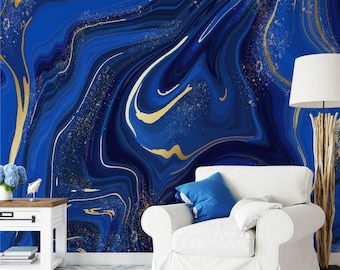 Blue Gold Marble Wallpaper - Contemporary Marble Texture Look Wall Mural -  Abstract Peel and Stick Wall Mural - Modern Luxury Accent