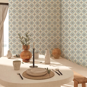 Blue Ethnic Tile Wallpaper, Mediterranean Pattern Peel and Stick Wall Mural, Vintage Ceramic Look Removable Wallpaper for Accent Wall
