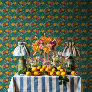 Arts and Crafts Apple Tree Wallpaper, Vintage Maximalist Fruit Mural, Green And Orange Orchard Accent, Removable Peel & Stick Contact Paper