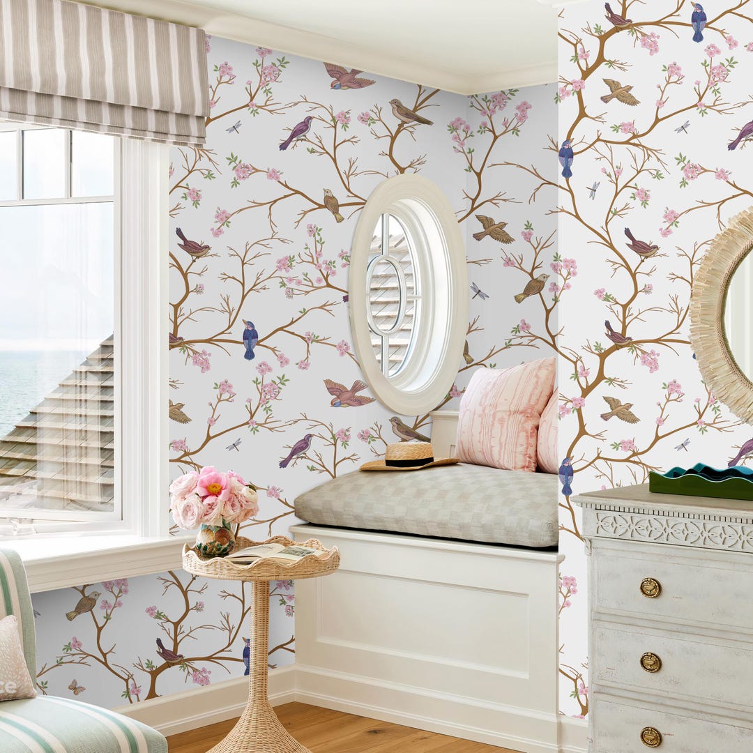 Bright Chinoiserie Bird Blossom Wallpaper, Pink Cherry Blossom Tree ...