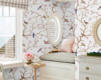 Bright Chinoiserie Bird Blossom Wallpaper, Pink Cherry Blossom Tree Mural, Botanical Art for Nursery Living Room, Removable Peel & Stick