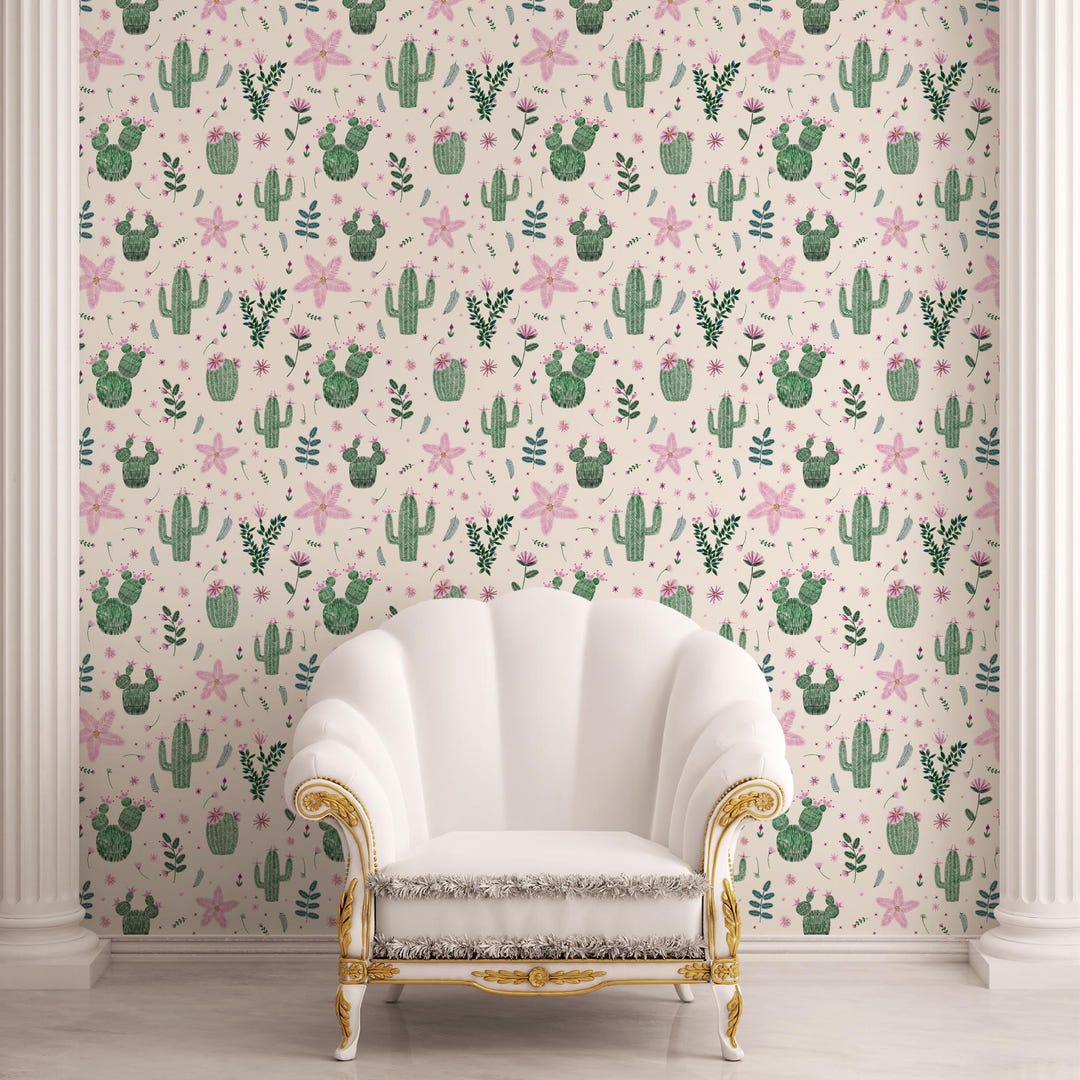 気まぐれな刺繍のサボテンの壁紙、スイートピンクの花柄の壁画