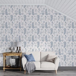 Botanical Contact Paper For Furniture, Blue Floral Drawer Liner, Wood Wallpaper Mural, Peel and Stick Wallpaper, Decorative Contact Paper image 3