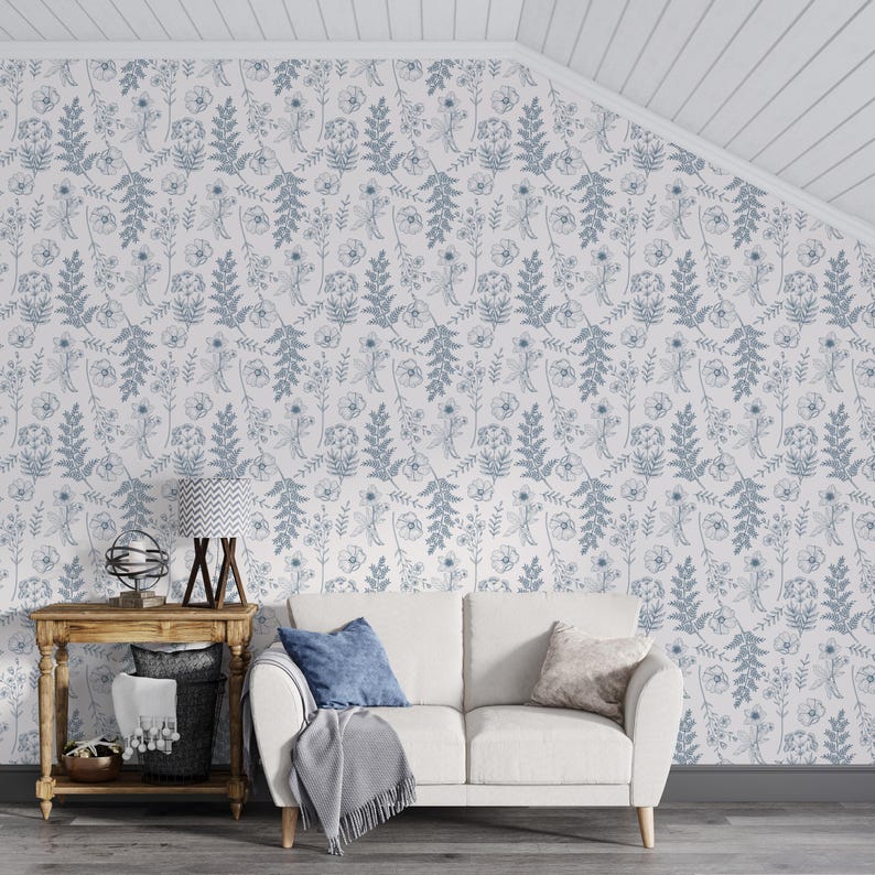 Botanical Contact Paper For Furniture, Blue Floral Drawer Liner, Wood Wallpaper Mural, Peel and Stick Wallpaper, Decorative Contact Paper image 3