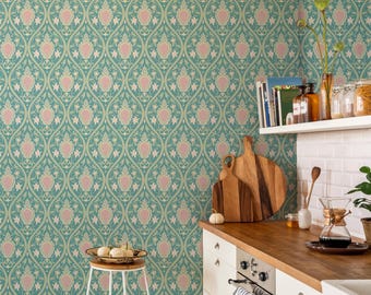 Vintage Pink Floral Peel an Stick Green Botanical Art Deco Damask Wallpaper Roll
