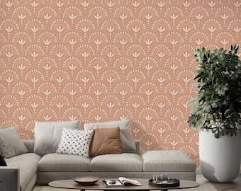 Gedempte terracotta witte coquille boog geometrische art deco boho-stijl behang muurschildering - Peel And Stick zelfklevend behang