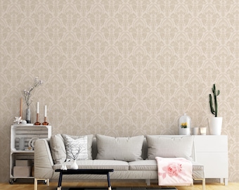Elegancka beżowa tapeta z motywem damaszku, tradycyjny wystrój ścienny w stylu vintage, neutralna klasyczna sztuka ścienna – samoprzylepna tapeta