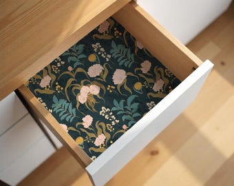 Botanical Contact Paper, Pink Flower Furniture Wrap, Teal Leaf Drawer Liner, Dark Floral Wood Mural, Wallpaper Mural for DIY Projects