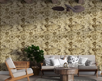 Vintage Sepia World Map Wallpaper Mural, Antique Nautical Compass Theme, Retro Explorer Style Wall Decor, Peel and Stick