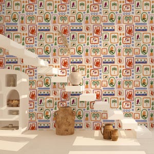 May include: A colorful wallpaper design featuring repeating framed illustrations of monkeys, birds, palm trees, and other tropical elements. The design includes a white staircase and decorative pottery.