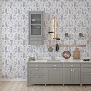 Botanical Contact Paper For Furniture, Blue Floral Drawer Liner, Wood Wallpaper Mural, Peel and Stick Wallpaper, Decorative Contact Paper image 7
