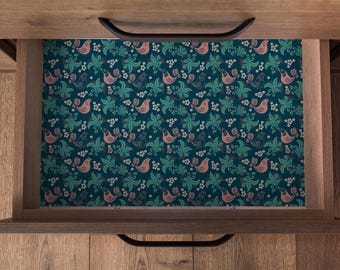 Papel adhesivo con estampado floral de pájaros, forro para cajones con motivos de jardín, papel pintado adhesivo verde azulado oscuro, mural autoadhesivo, papel pintado vintage removible para pared.